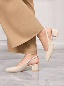 Sleekvia Chaussures femme à bout carré, talon court et moyen, bride arrière abricot. Classique, simple, mode de base, confortable, polyvalent, idéal pour le travail, les courses. Chaussures plates avec bride arrière, sans rembourrage - Abricot profond - Voir 4