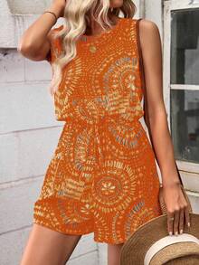 Breezaya All-Over Print Round Neck Casual Versatile Sleeveless Romper - Orange - View 4
