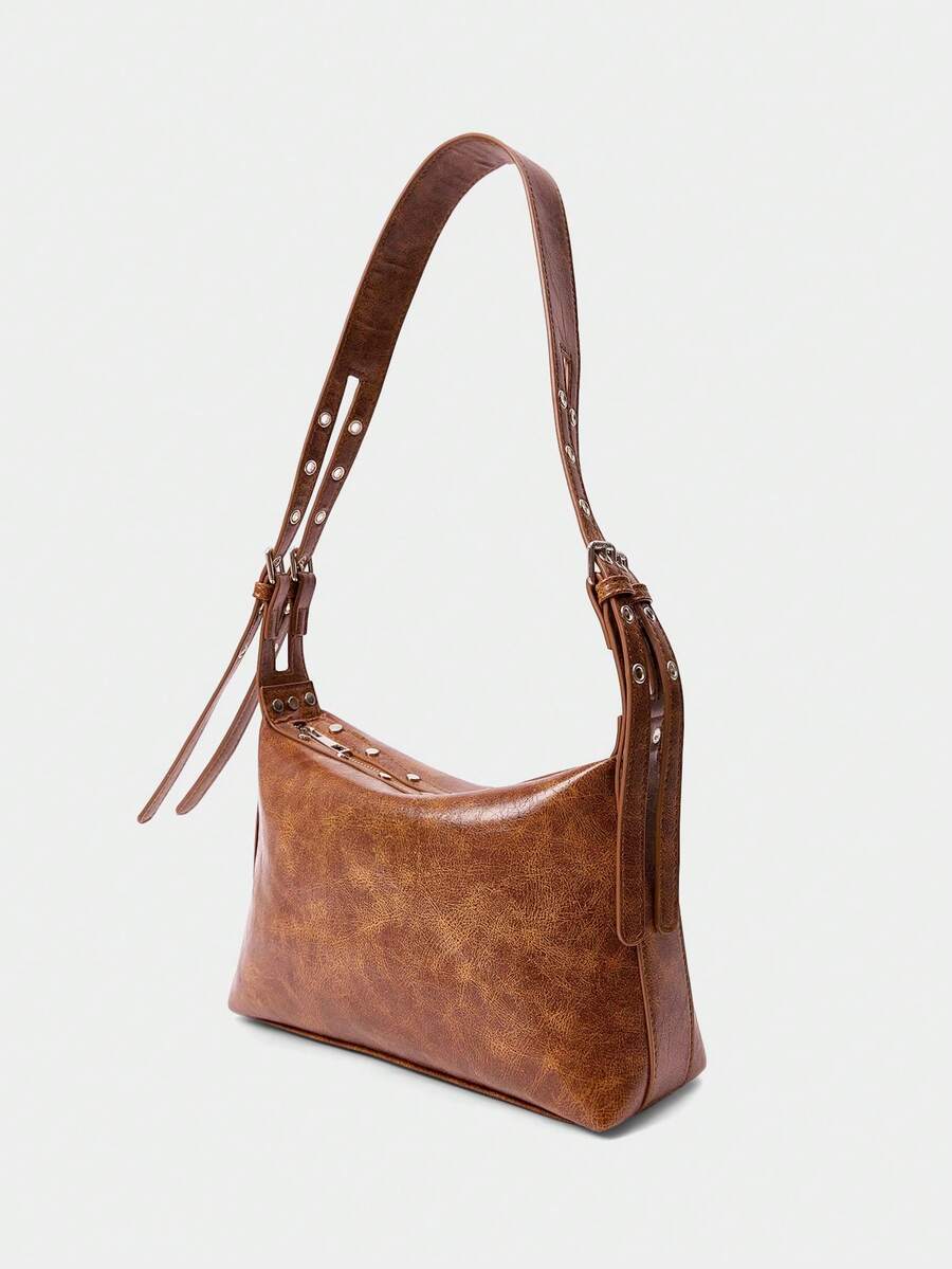 SHECARRY Chic & Sexy Style New Fashion Large Capacity Minimalist Underarm Bag, Summer High-End Rivet Pillow Bag - Brown - View 1