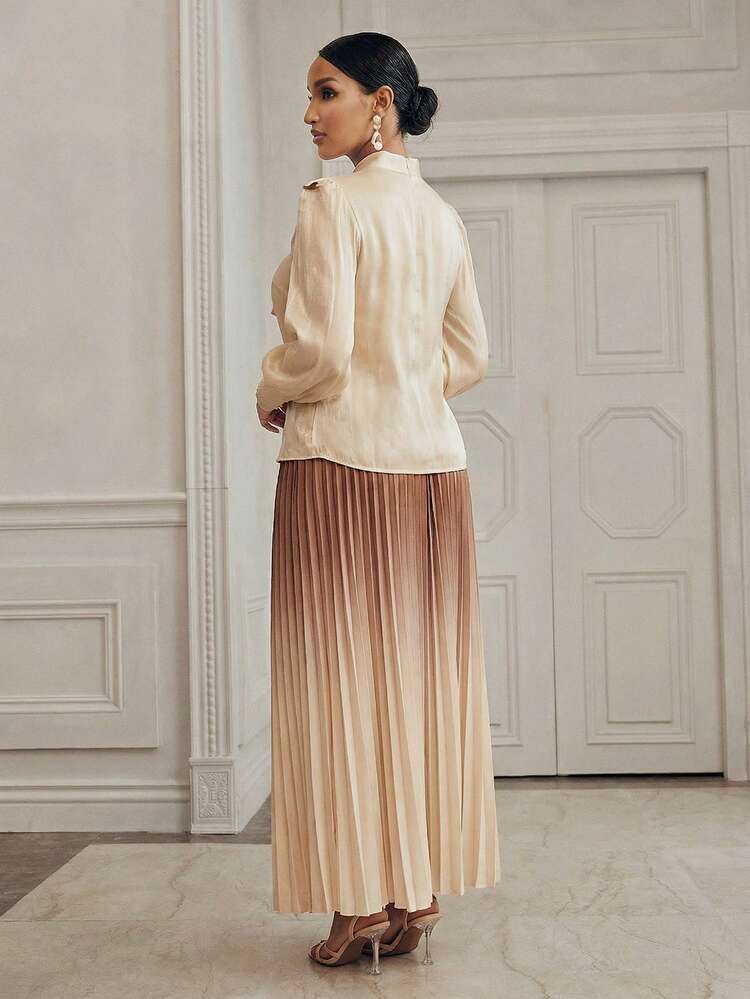Anewsta Vintage Elegant High Collar Lantern Sleeve Shirt & Gradient Color Print Pleated A-Line Skirt 2-Piece Set For Women, Autumn/Winter