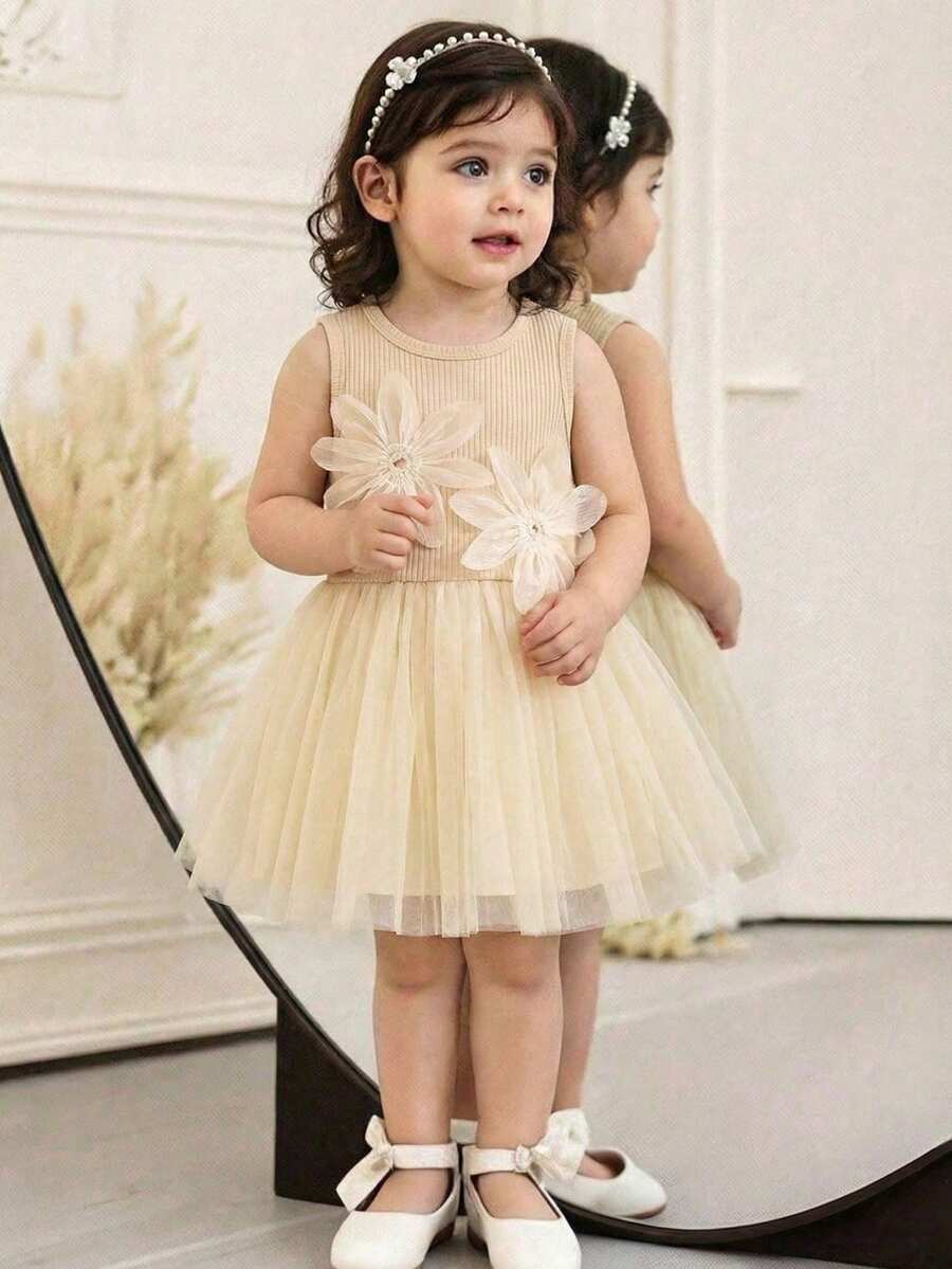 SHEIN 2件套女婴春夏优雅风花朵装饰无袖上衣和西式短裙 - 卡其色 - 查看 1