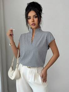 Elenzga Women's Batwing Sleeve Elegant Casual Grid Shirt Suitable For Work And Daily Wear, Spring/Summer - Black and White - View 1