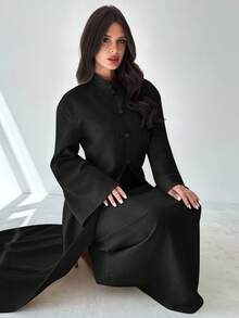 Firerie Women Black Casual Plain Maxi Two Piece Outfit With Stand Collar Long Black Elegant Dress Black Abaya - Black - View 2