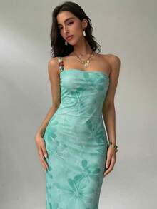Aloruh Rochie elegantă cu imprimeu floral, pe un umăr, ținute casual și de petrecere - Verde - Vizualizare 4