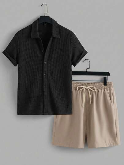 VIVINTIMO بدلة رجالية كاجوال من قماش الوافل بأكمام قصيرة وشورت بخصر مرن، مناسبة للارتداء اليومي في الصيف