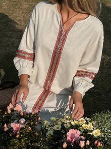 DAZY Women's Loose V-Neck Drop Shoulder Dress With Ribbon Trim, Suitable For Vacation - White - View 5