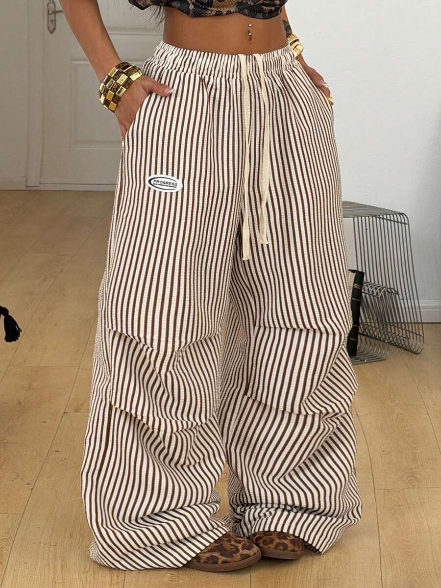 Coolane Women's Summer Basic Striped Wide Leg Sweatpants - Khaki - View 1