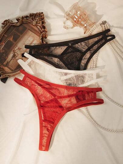 3pcs/Set Women's Fashionable Sexy Lace Thong Panties