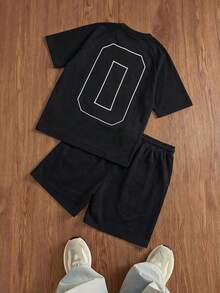 Manfinity Unisex Men's Black Casual Numeric Embroidery Short Sleeve T-Shirt And Shorts Set, Summer - Black - View 4