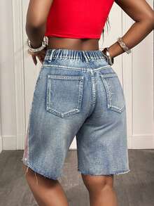 Slaydiva Quần short denim nữ mới, cạp thấp, dáng rộng, rách 5 điểm, kiểu Bermuda, họa tiết hình thoi / Quần short denim màu xanh nhạt / Trang phục nữ mùa thu / Trở lại trường học / Trang phục đồng quê nữ / Trang phục đi xem hòa nhạc đồng quê / Trang phục nữ cổ điển / Trang phục đi chơi / Trang phục sân bay nữ / Trang phục đường phố nữ / Trang phục nữ phong cách Y2K - Rửa trung bình - Xem 2