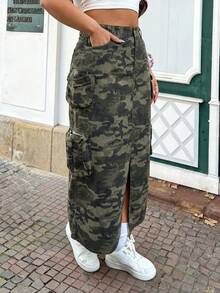 Slaydiva Minifalda de mezclilla de algodón holgada y casual con estampado de camuflaje para tallas grandes - Multicolor - Ver 1