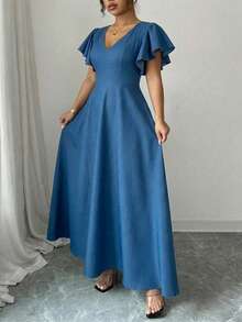 Elenzga 大码女式荷叶边袖V领A字连衣裙，优雅浪漫，牛仔布面料，春夏款 - 藍色 - 查看 5