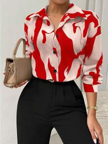 Uhlyne Women's Long Sleeve Business Casual Shirt, Black & White, Autumn - Red - View 4