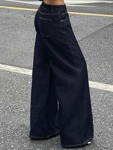 DAZY 女士宽松直筒水洗原色牛仔裤 Y2k - 藍色 - 查看 7
