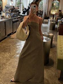 Livesso 长款无袖纯色连衣裙，优雅设计，适合度假，春夏季亚麻太阳裙