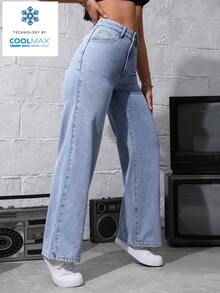 SHEIN ICON Women's Pocket Button Casual Versatile Commuting Wide-Leg Jeans - Blue - View 5