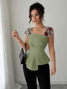 Elenzga Women's Waist Cinched Asymmetrical Patchwork Embroidered Mesh Blouse - Mint Green - View 5