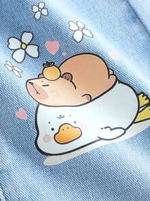 SHEIN 女婴可爱卡通水豚图案蓝色牛仔宽松裤 - 淺色水洗藍 - 查看 4