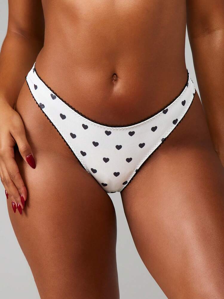 MISSGUIDED Tanga con estampado de corazón acanalado con ribete negro en contraste y detalles de encaje, ropa interior íntima