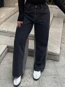 Dazy Plus 大码女式复古撞色水洗宽松直筒百搭牛仔裤，四季皆宜 - 灰色 - 查看 5