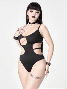 ROMWE Goth Mono sexy de mujer con diseño calado de unicolor y tirantes finos - Negro - Ver 4