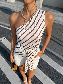 INAWLY Camiseta sin mangas de mujer de verano con rayas francesas, de corte ceñido y con cintura anudada - Albaricoque - Ver 4