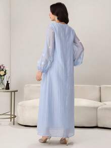 Al Najma Abito elegante e romantico con scollo tondo, maniche a lanterna, decorato con perle e fiori 3D, con gonna ampia, adatto per la primavera/estate - Blu - Visualizzare 3