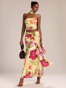 SHEIN BAE 两件套女士热带花卉印花抹胸上衣和长裙，度假套装 - 彩色 - 查看 3