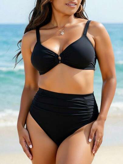 Swim Lushoire Plus Size Metallic Accessory Camisole Top And Ruched Triangle Bottoms Bikini Set