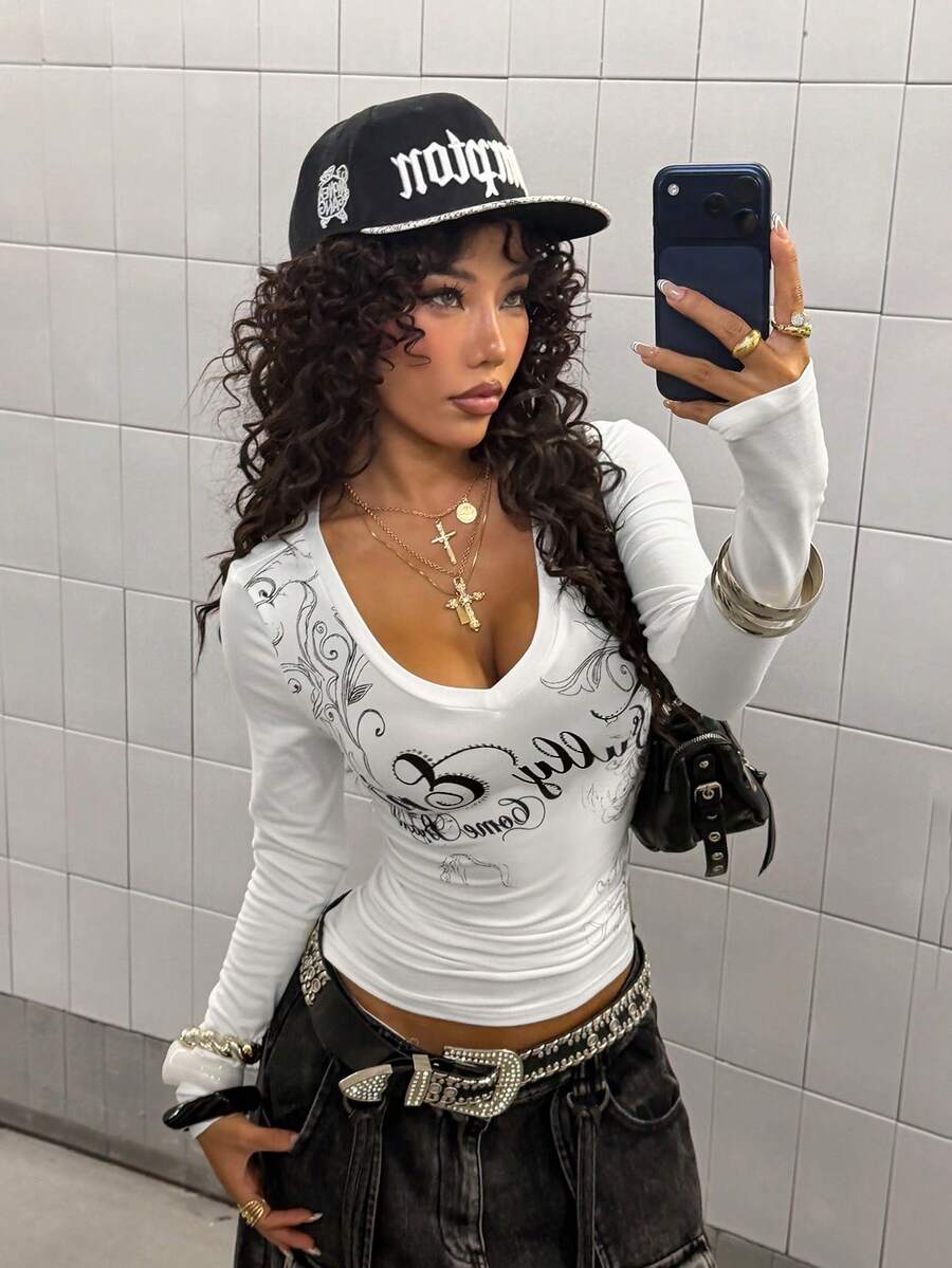 StreetHx Women's Black V-Neck Fitted Base Layer, Gothic Silver Graphic Print, Punk Rock Halloween Casual Streetwear Y2K Baddie 2000s Style Long Sleeve T-Shirt - White - View 1