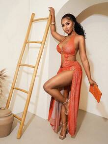 SHEIN BamGlam Đầm xẻ cao, cổ chữ V sâu, họa tiết động vật, phối màu gradient, gợi cảm mới. - trái cam - Xem 5