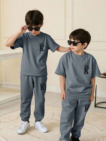 2件套男童休闲舒适百搭印花短袖T恤和长裤套装
