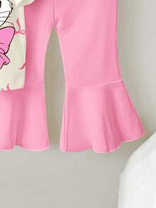 Bộ đồ cho bé gái gồm áo thun ngắn tay cổ tròn in hình mèo hoạt hình dễ thương và quần ống loe, màu hồng. - Nhiều màu - Xem 3