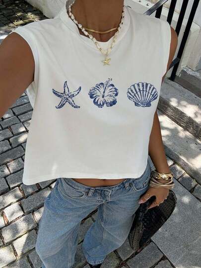 Siren Gaze Women's Casual Loose U-Neck Floral & Shell Print Cropped Tank Top, Suitable For Outings, Beach, Weddings, Birthdays, Vacations, Parties, Chic Spring