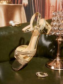 CUCCOO TILAWA Women's Fashionable Elegant Party Banquet Rhinestone Criss-Cross Open Toe Chunky High Heel Sandals - Gold - View 6