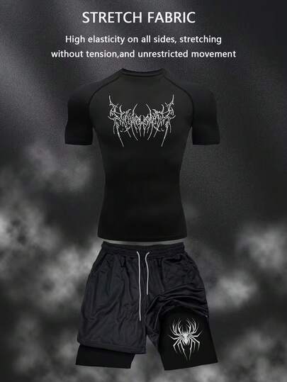 Manfinity Sport Corelite Conjunto deportivo de camiseta de manga raglán con cuello redondo y estampado gráfico casual y pantalones cortos para hombre, verano