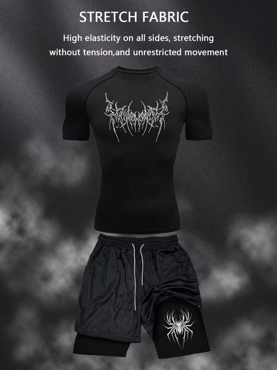 Manfinity Sport Corelite Bộ đồ thể thao nam mùa hè, gồm áo thun cổ tròn tay raglan in họa tiết và quần short, thích hợp mặc mùa hè. - màu đen - Xem 1