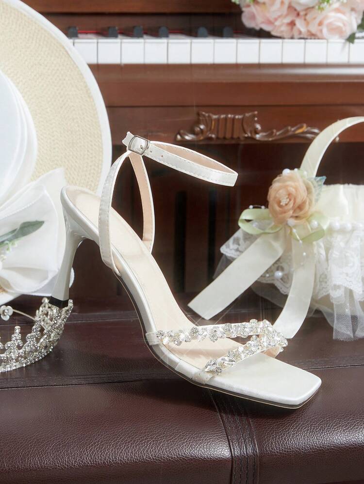 CUCCOO HITCHD Women's Green Crystal Square Minimalist Strap Square Toe Stiletto Mid Heel Pumps, Elegant Casual Comfortable Slip-On Office Commute Dress Shoes, Pink Leather Sandals Suitable For Date, Party, Afternoon Tea, Formal Occasions Valentine's Day Elegant Shoes Wedding Shoes Summer Shoes Bride Shoes