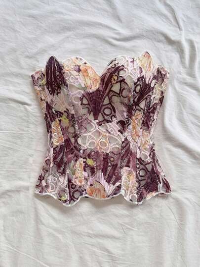 Soleia Elegant White Floral Lace Bandeau Corset Bustier Top, Summer Date Floral Embroidered Hollow Out Double-Layer Fitted Sweet Top, Fall