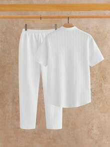 HIMLAND Loose Fit Men's Notched Neck Top And Drawstring Waist Pants Set - White - View 2