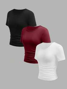 SHEIN Genkimix Kids Bộ 3 áo thun tay ngắn dáng ôm, màu trơn, thanh lịch, kiểu dáng thường ngày, có chi tiết nhún eo, phối nhiều màu sắc, phù hợp cho thanh thiếu niên và phụ nữ, thích hợp cho ngày Valentine. - Màu Đỏ Sâu - Xem 4