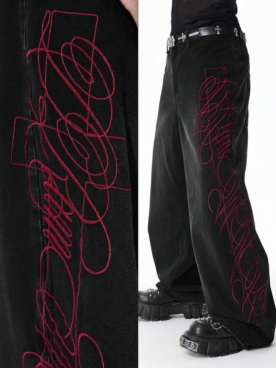 ROMWE MEN Street Life Men's Casual Fashion Street Cross Embroidery Curved Knife Loose Fit Jeans - Black - View 1