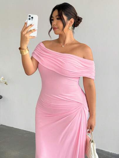 Firerie Plus Size Elastic Ruched Off Shoulder/One Shoulder Versatile Dress, Comfortable Casual Elegant For Vacation, Beach Party, Date, Cocktail, Dance, Spring/Summer