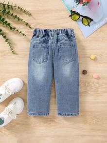 SHEIN Quần jean ống côn màu xanh lam kiểu retro cho bé trai - Rửa nhẹ - Xem 2