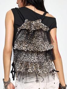 ROMWE Grunge Punk Women's Large Capacity Fashionable Sweet Leopard Print Ruffle Drawstring Backpack - leopard print - View 2