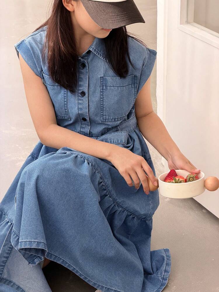 Tween Girls' Casual Washed Front Button Ruffle Hem Denim Dress, Summer