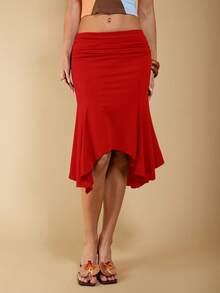 COSMINA 女士优雅不对称褶皱棕色半身裙，适合春夏度假穿着 - 紅色 - 查看 7