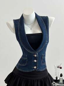 Elamini Women's Casual Sleeveless Denim Jacket, Summer - Dark Wash - View 6