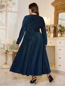 Modelyn Đầm chữ A cổ tròn tay dài viền chỉ vàng và bạc thanh lịch cỡ lớn, phù hợp cho mùa xuân và mùa thu - Màu xanh lam - Xem 2