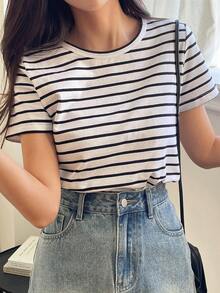 DAZY Women's Casual Striped Round Neck Short Sleeve T-Shirt, Summer - Black and White - View 5